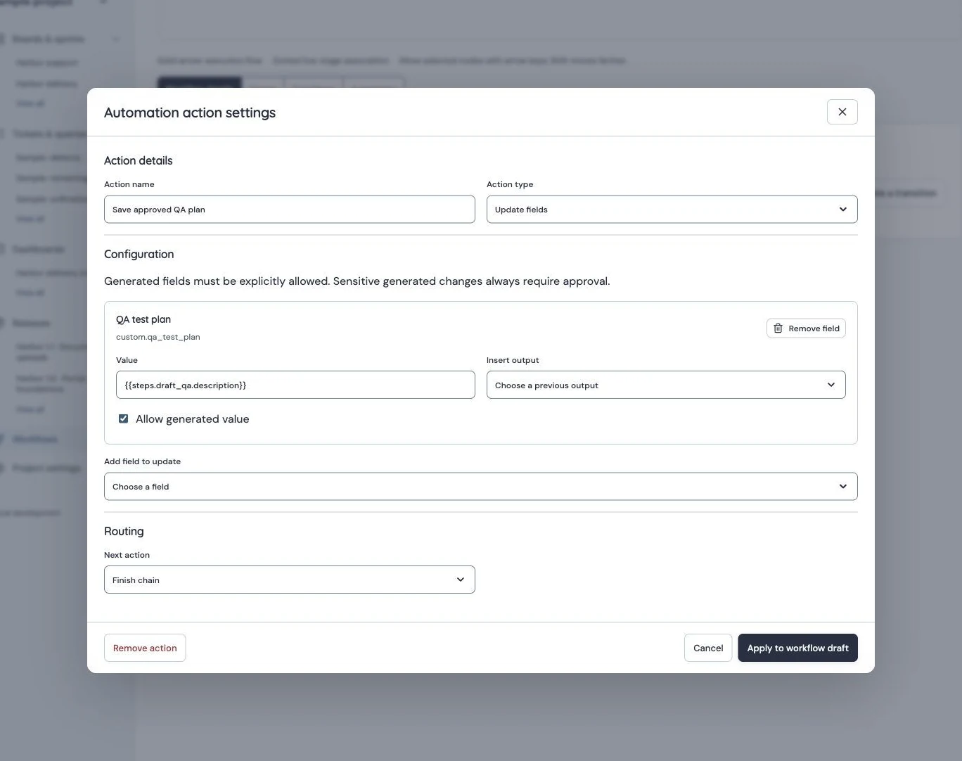 Production mapping explicitly allows the upstream description output for custom.qa_test_plan; it does not overwrite the ticket description.