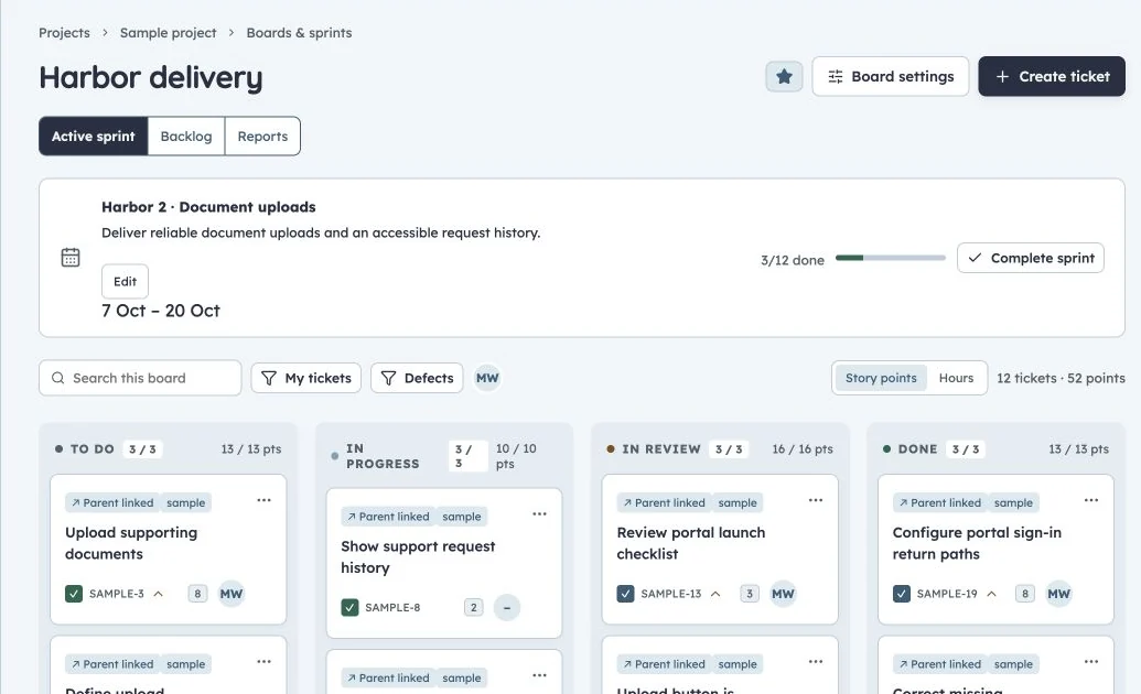 Production Harbor Scrum board with To do, In progress, In review and Done columns in story points