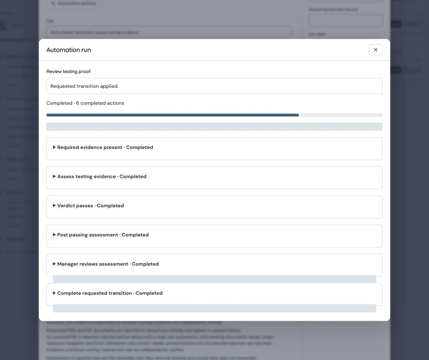 Production historical run: assessment, explicit manager approval and requested transition are completed. Actor identities are redacted; opening history does not rerun inference.