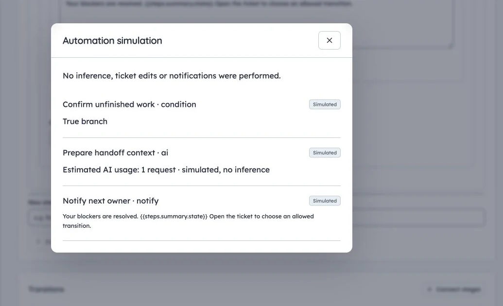 Production automation simulation showing condition, AI and notification steps with no inference or mutations