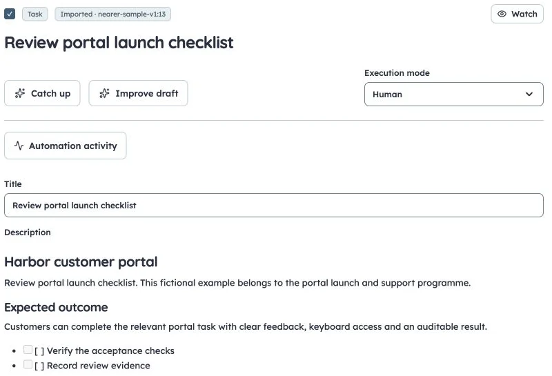 Production Harbor ticket description rendered as Markdown with headings and a launch checklist
