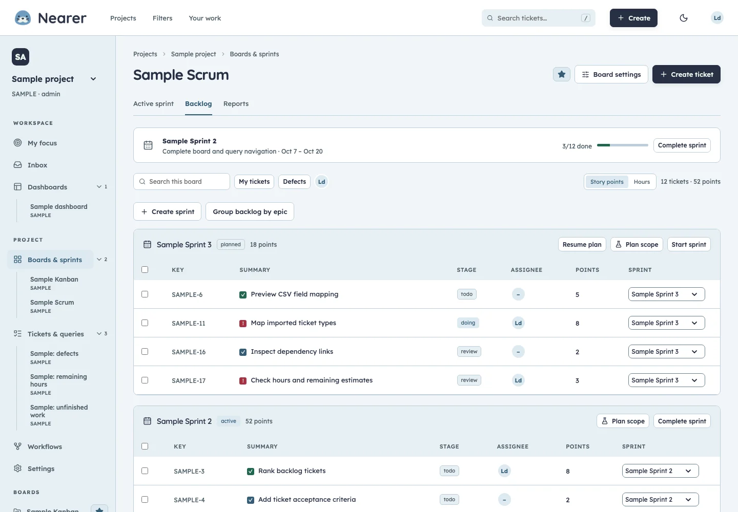 Nearer backlogs and sprints using fictional sample data
