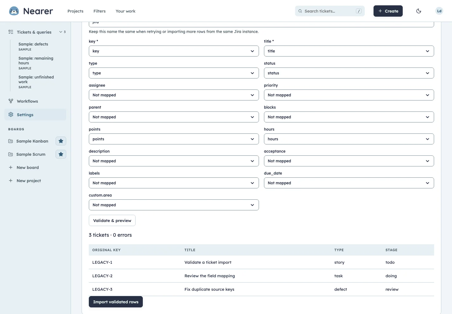 Nearer jira csv import using fictional sample data