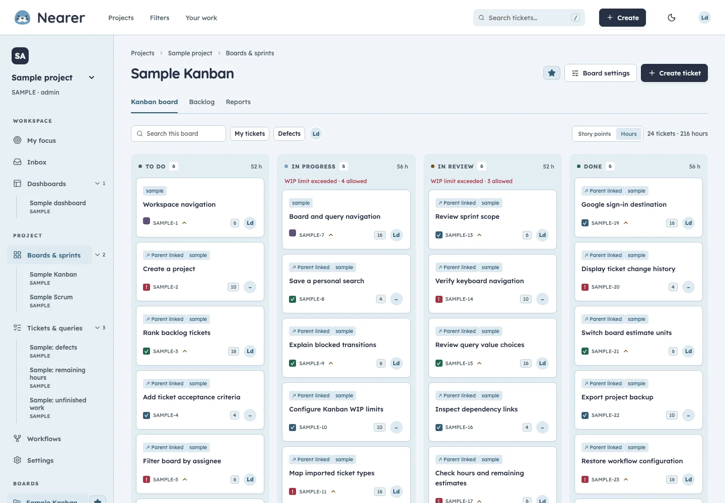 Nearer kanban boards using fictional sample data