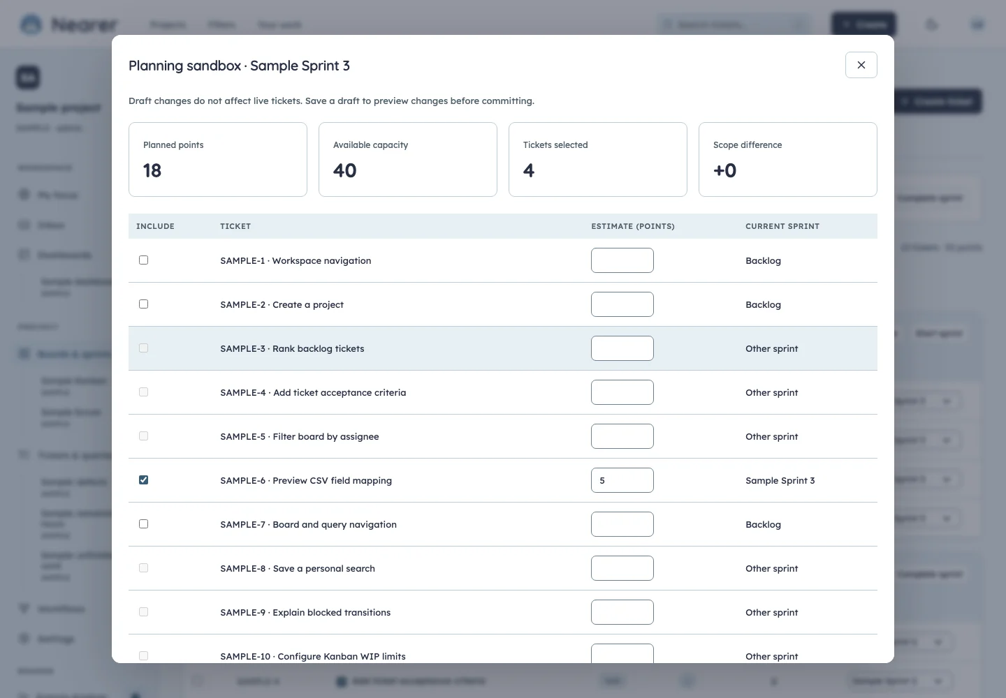 Nearer planning sandbox using fictional sample data