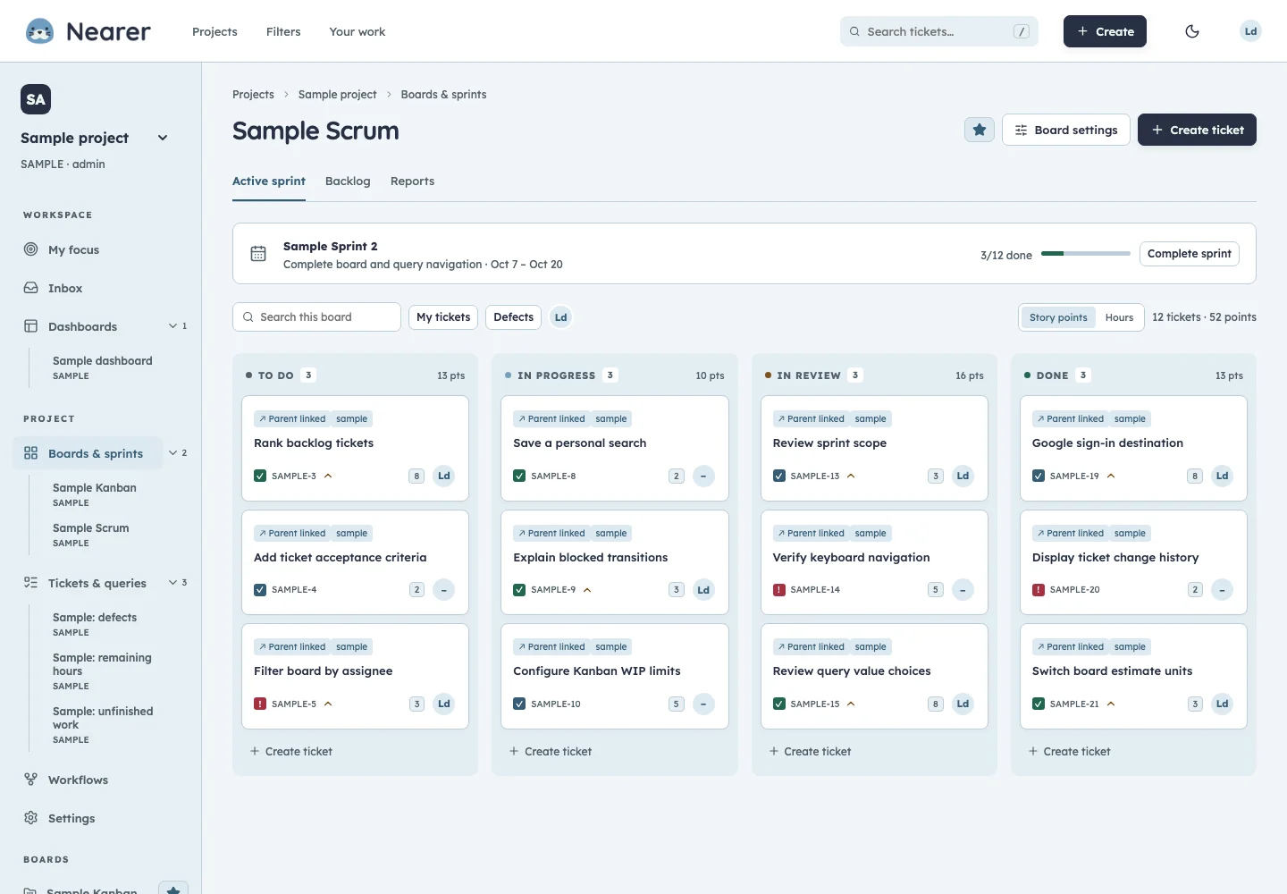 Nearer Scrum board showing fictional sample tickets in multiple workflow stages