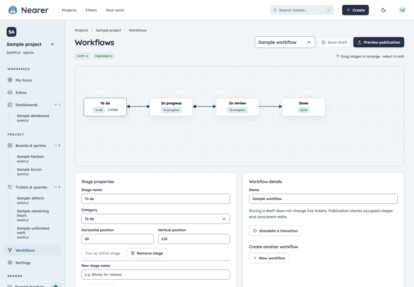 Nearer workflow editor using fictional sample data